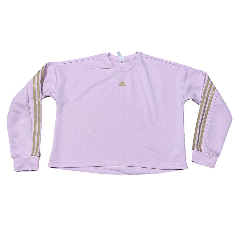 Adidas Sweatshirt Women Large Relaxed Fit Pink Golden Stripe Casual Athleisure